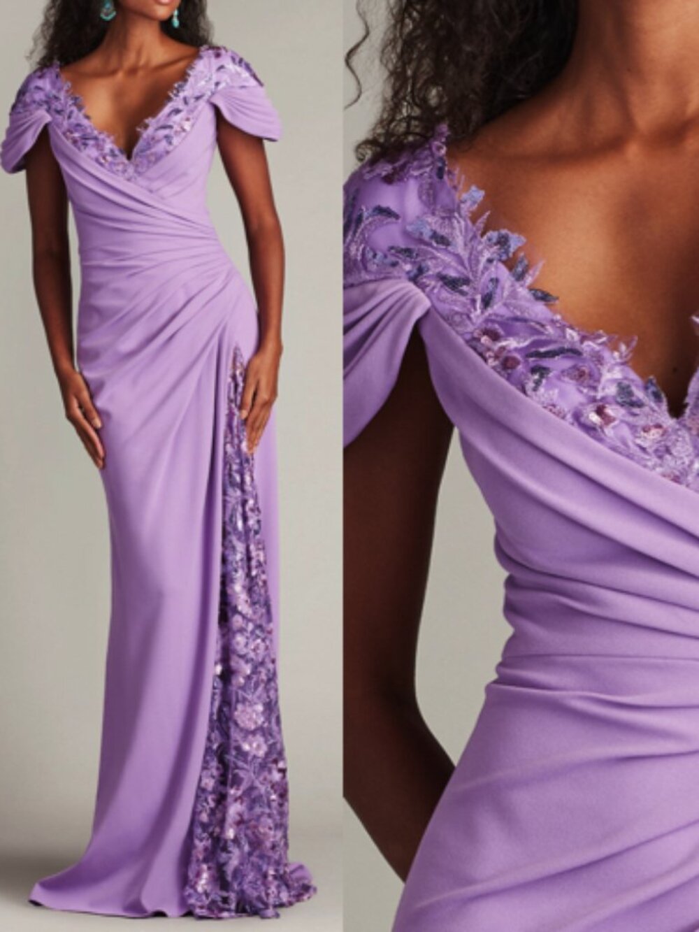NWT TADASHI SHOJI Sunas Draped Crepe and Sequin Embroidered Gown DRESS Purple 8